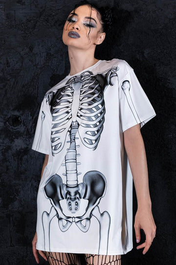 oversized graphic tshirt dress Graphic Skeleton Oversized Tee Dress, Skeleton T-Shirt For Women, White Halloween Shirt With Bones, Skeleton Graphic Tee, Oversized Long Sleeve Tee, L