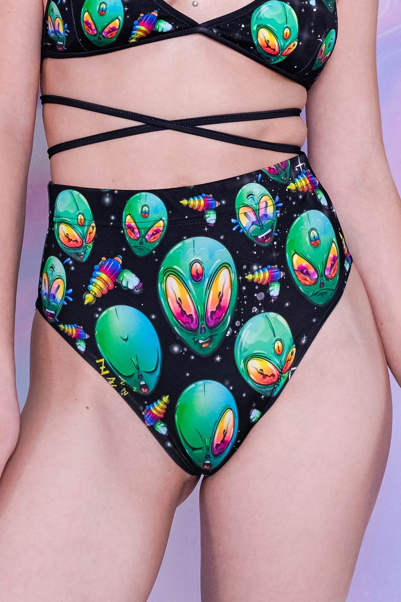 Green Alien Heads Booty Shorts Close View