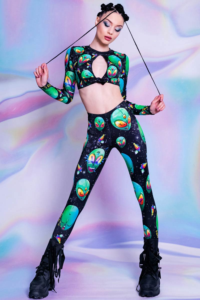 Green Alien Heads Co-Ord Leggings Set | Devil Walking