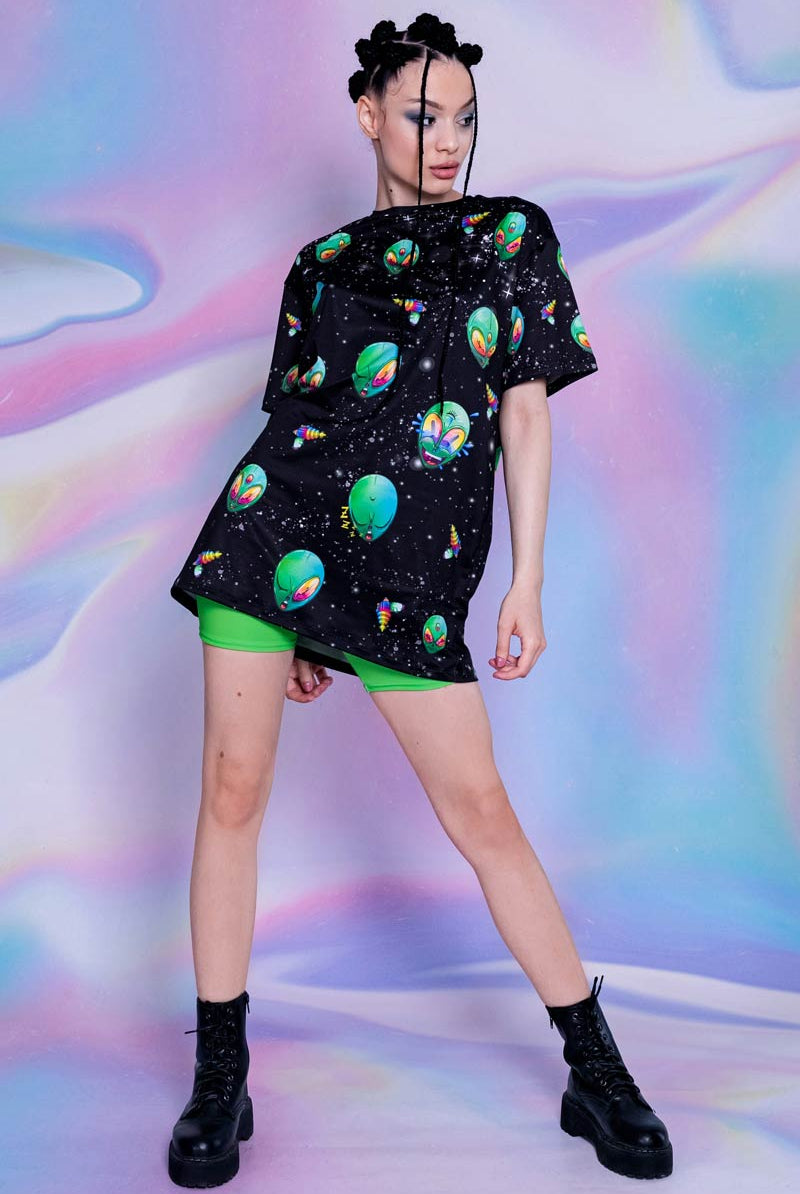 Green Alien Heads Oversized Tee Full View