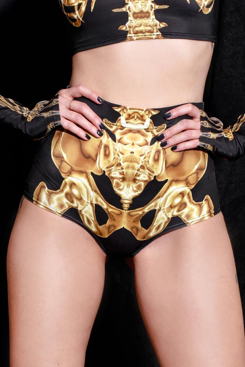 Gold Skeleton High Waisted Shorts Front View