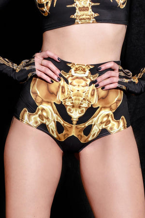 Gold Skeleton High Waisted Shorts Close View