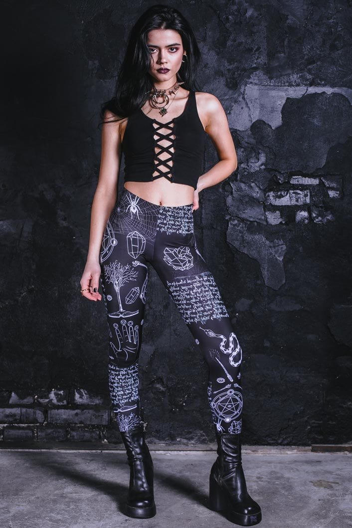 Black Witchy High Waisted Leggings in Goth Print