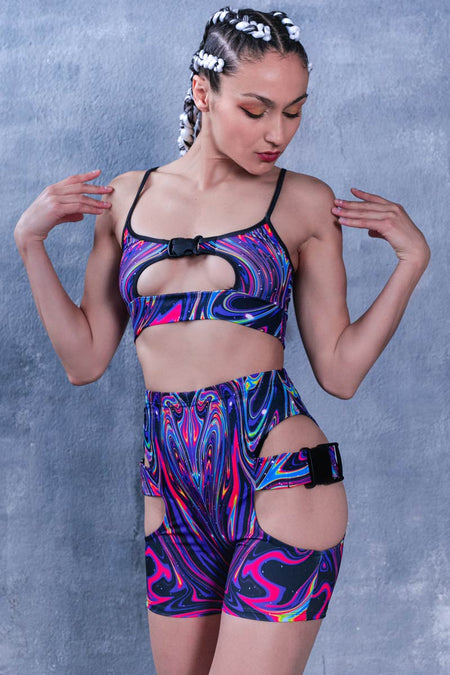 Rave Outfit Liquid Galaxy Buckle Biker Shorts Set Front View