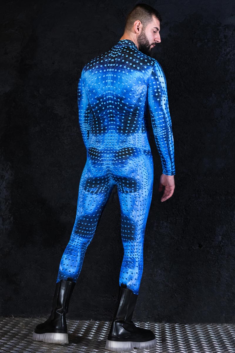 Men Tights Body Suit Costumes Back Zipper Blue Spandex Suit