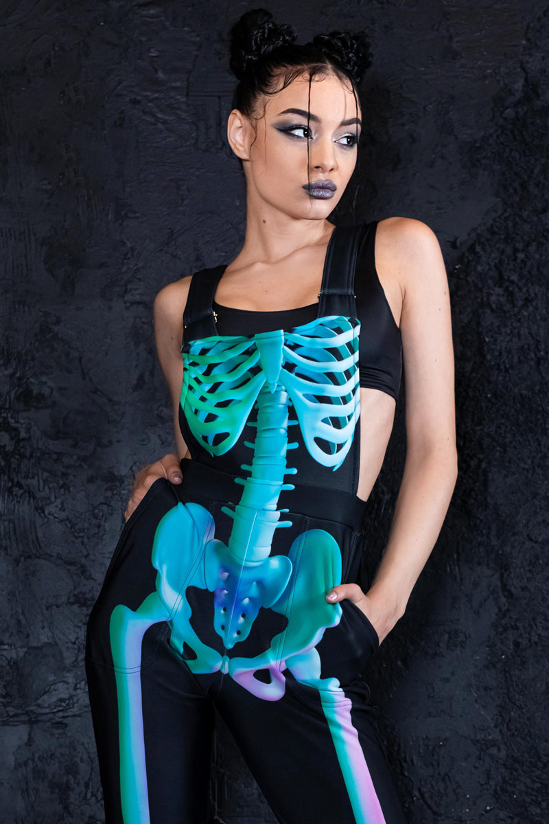 Mint Skeleton Overalls Side View