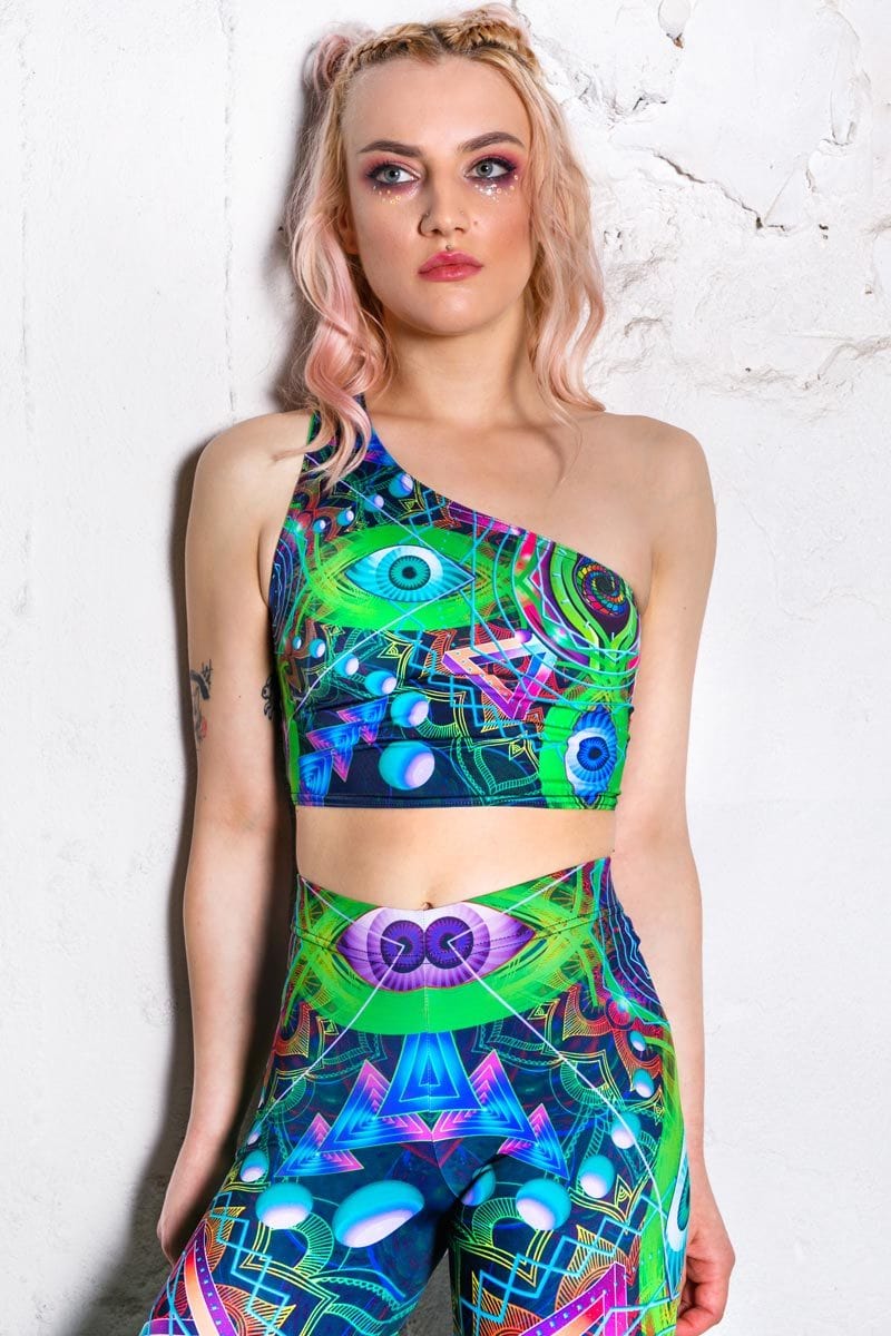 Psychedelic Travel One Shoulder Top Close View