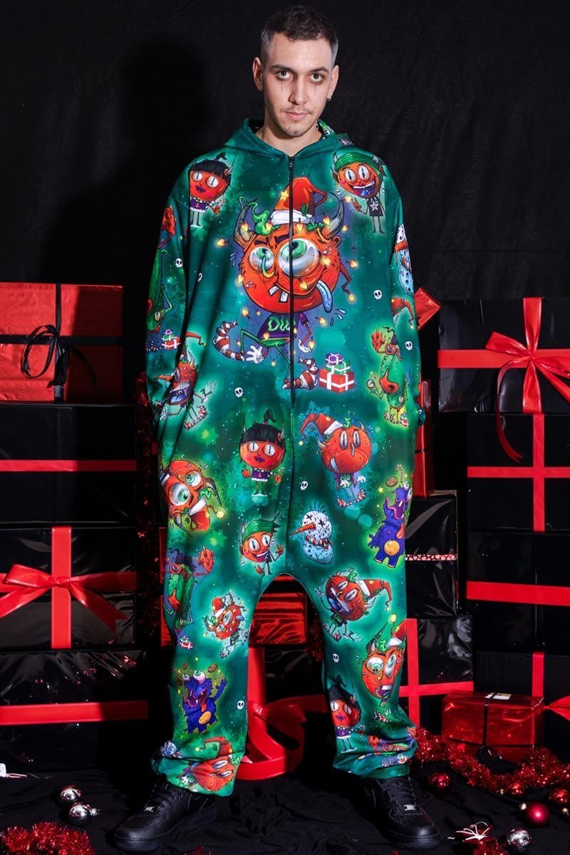 Christmas Onesie with Devils in Green for Men Devil Walking