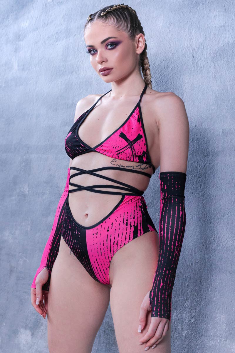 Pink & Black Gemini Strappy Shorts Set Side View