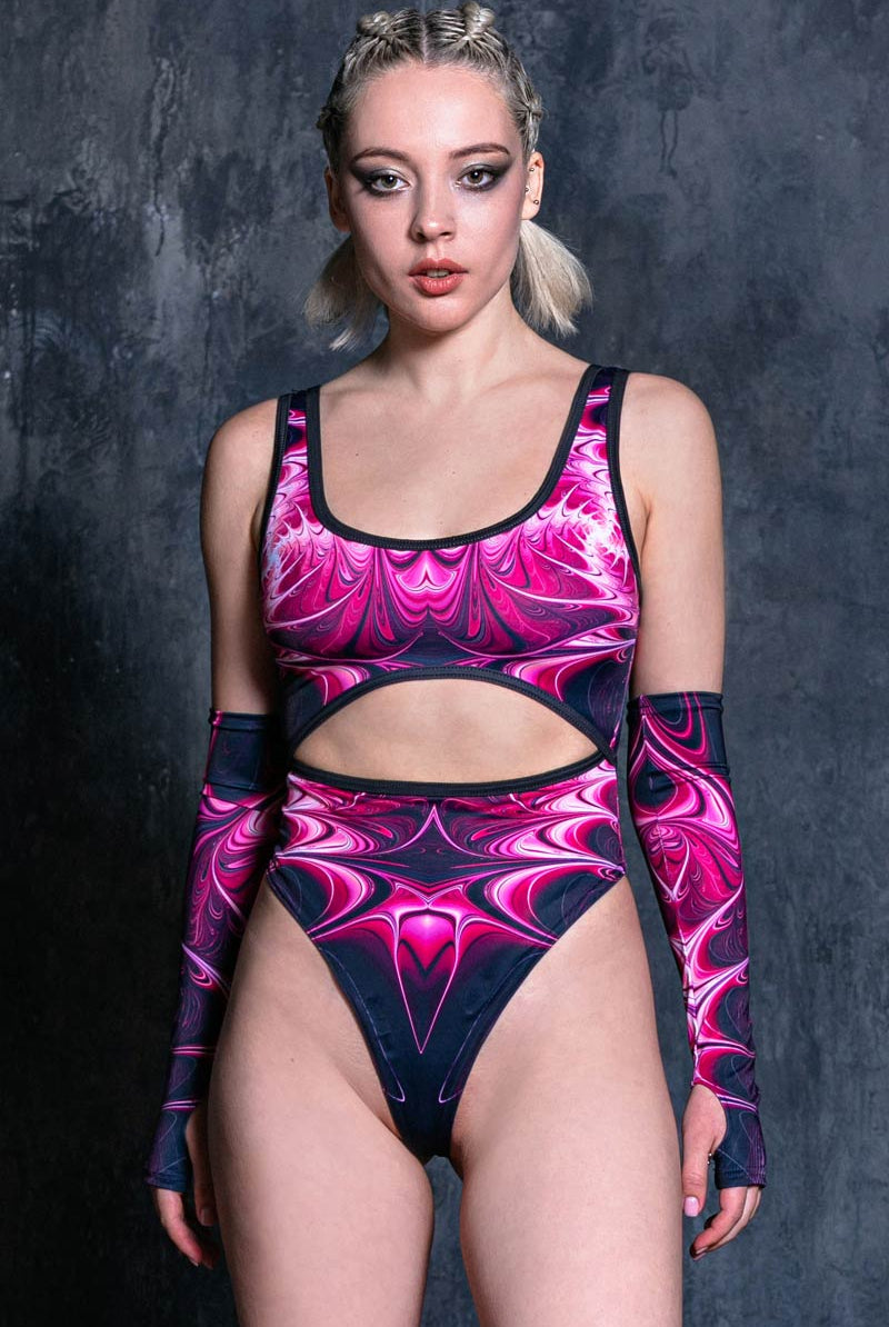 Pink Blaze Festival Cut Out Thong Bodysuit Front View