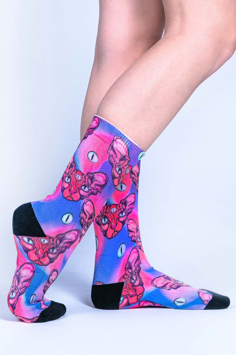 Pink Egypt Cat Crew Socks Front View
