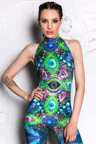 Rave Outfit Psychedelic Travel Sleeveless Catsuit Close View