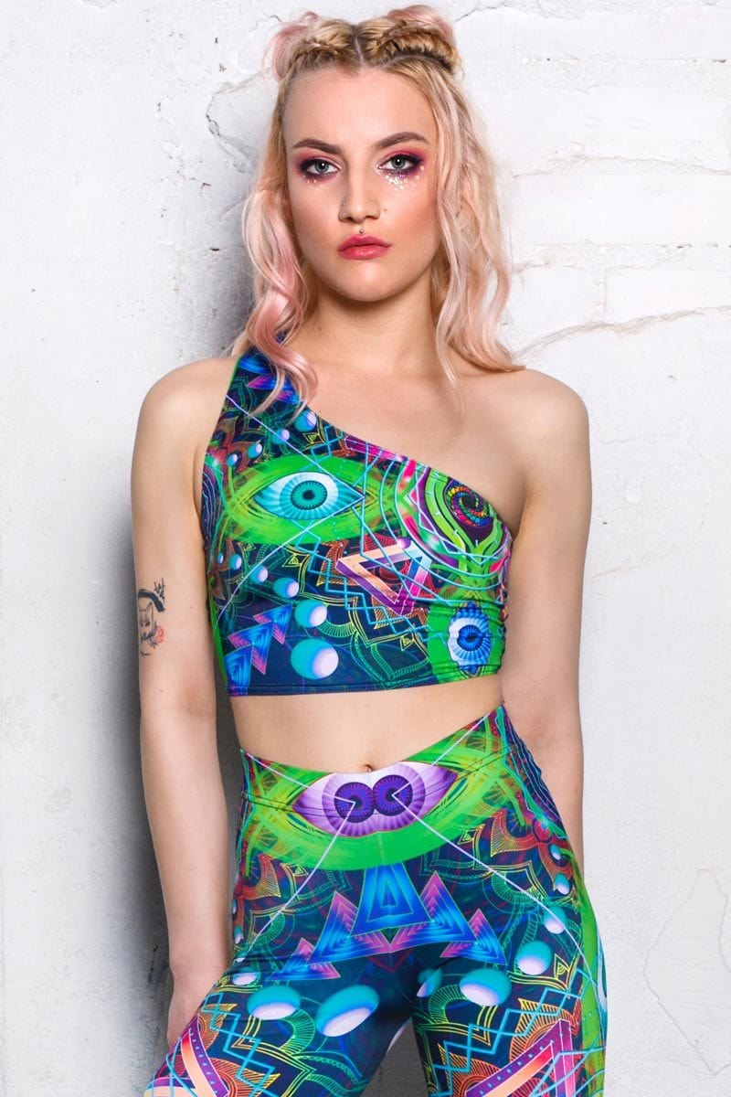 Psychedelic Travel One Shoulder Top Front View