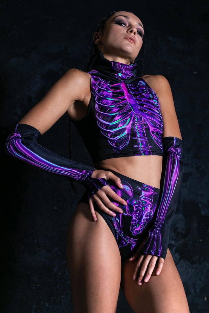 Rave Outfit Purple Skeleton Booty Shorts Set Side View