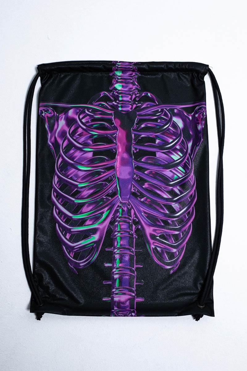 Purple Skeleton Drawstring Bag Close View