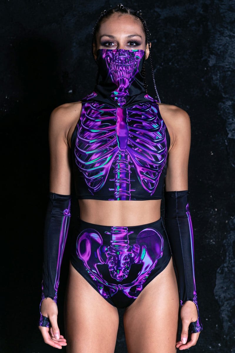 Purple Skeleton Hooded Crop Top Front View