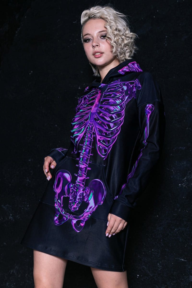 Purple Skeleton Hoodie Dress Front View