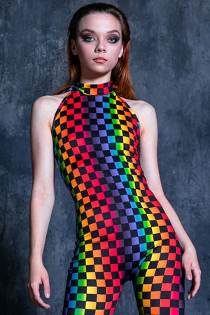 Rainbow Checkered Catsuit Close View