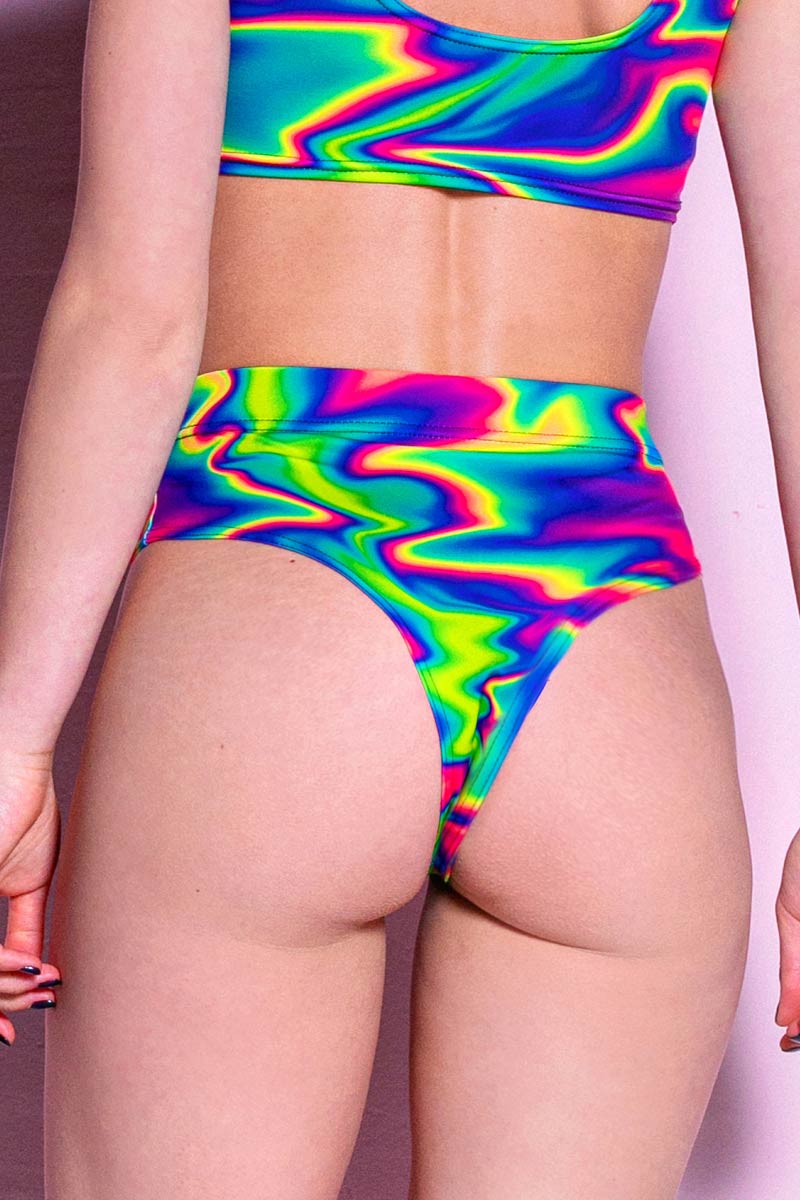 Rainbow Liquid Thong Shorts Close View