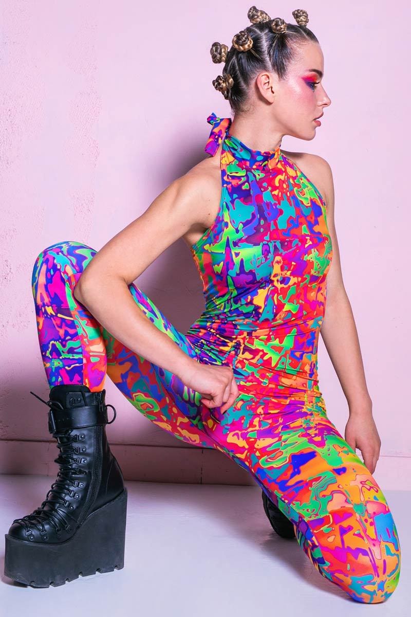 Rainbow Print Catsuit Wet Look Spandex Pride Jumpsuit Unitard