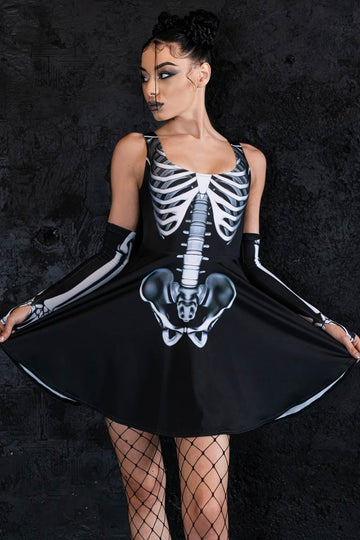 skeleton dress fashion Rattling Bones Skater SIZE:2S-2M-1L 96% polyester BLACK DRESS WITH BOW Halloween Season Sale
