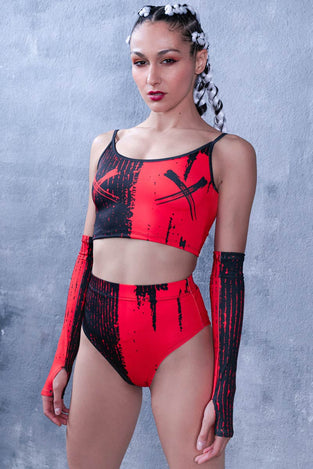Rave Outfit Red & Black Gemini Booty Shorts Set Front View