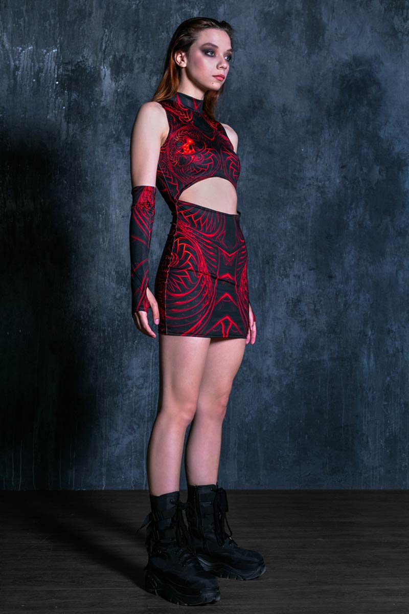 Sheath Cut Out Mini Dress with Red Dragon Print