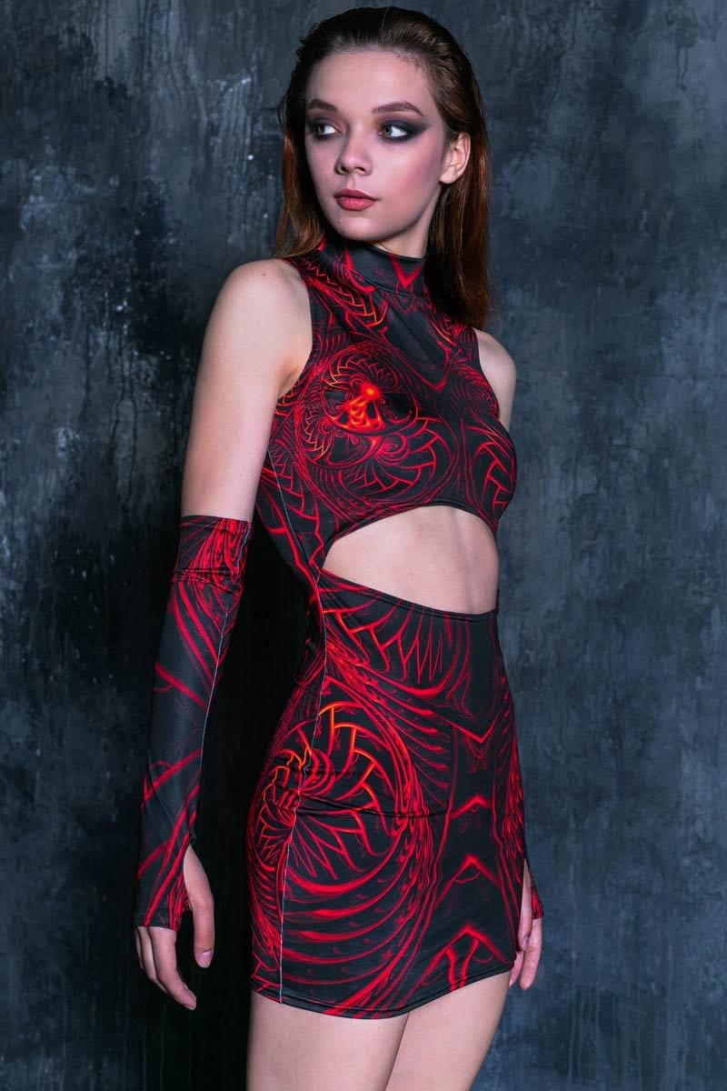 Sheath Cut Out Mini Dress with Red Dragon Print | Devil Walking Sheath Cut Out Mini Dress with Red Dragon Print | Devil Walking