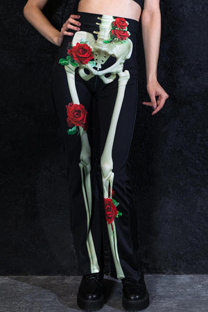 Skeleton & Roses Bell Bottoms Close View