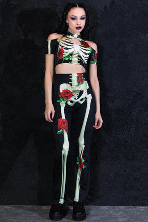 Skeleton & Roses Bell Bottoms Front View