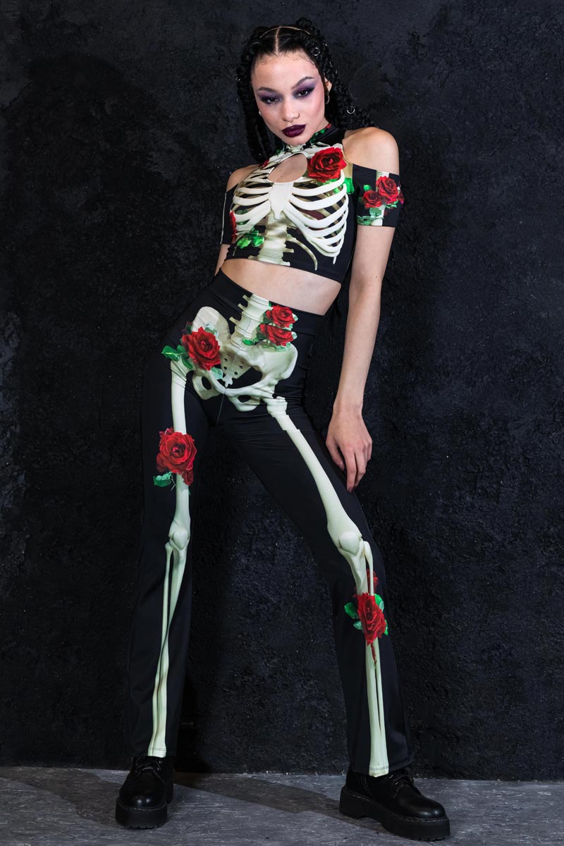 Skeleton & Roses Cold Shoulder Crop Top | Devil Walking