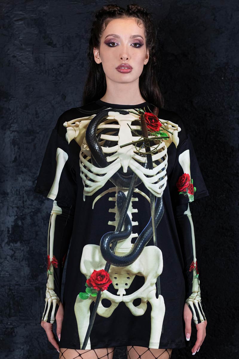 Skeleton & Roses Oversized Tee Dress Close View