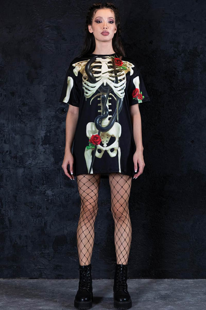 Halloween Bloody Red Roses Skeleton Lace Linen Maxi Dress