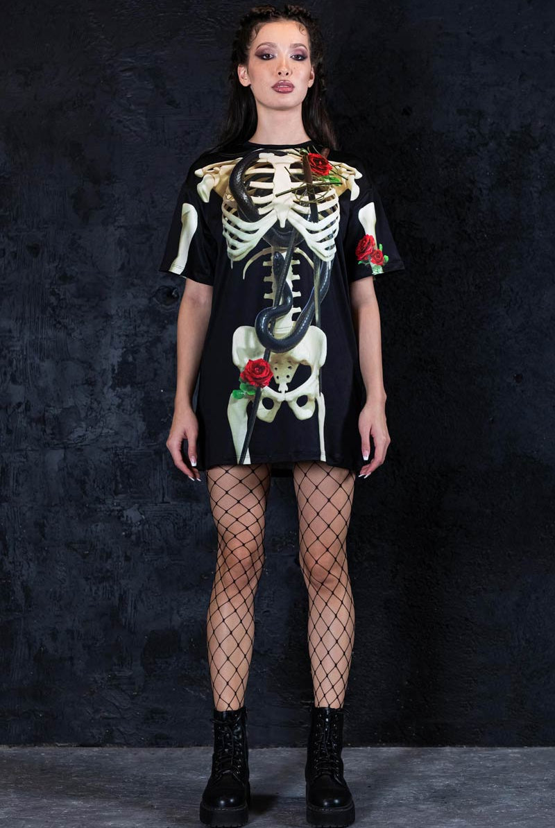 Skeleton & Roses Oversized Tee Dress Full View
