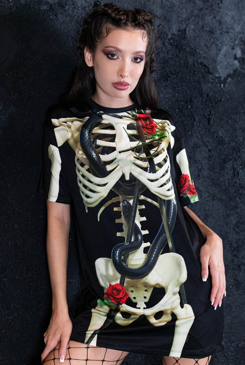 Skeleton & Roses Oversized Tee Dress Side View