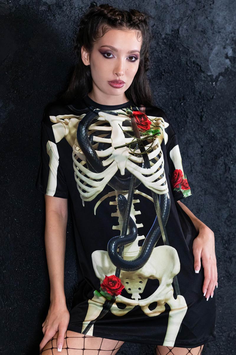 Skeleton & Roses Oversized Tee Dress Side View