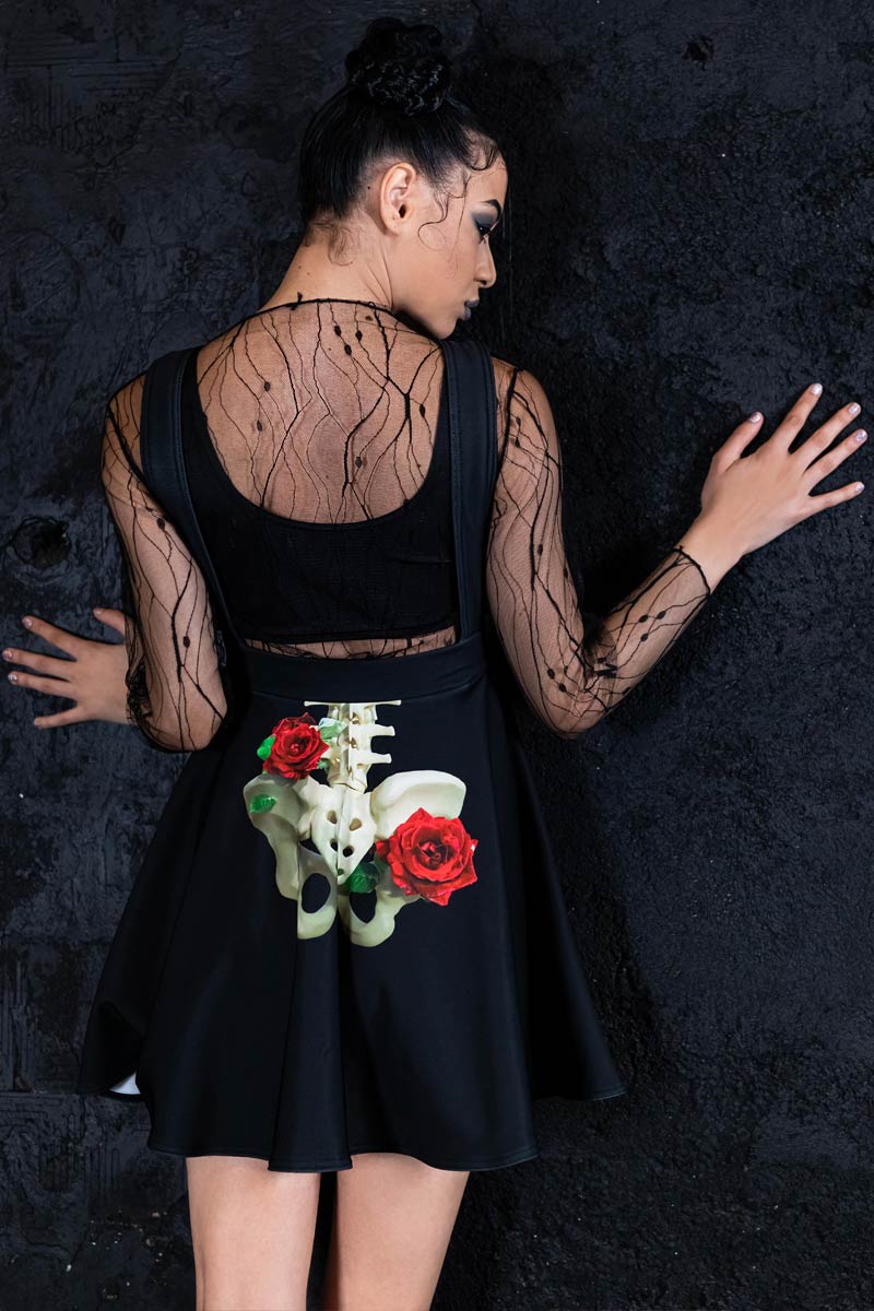 Skeleton & Roses Pinafore Dress with Roses & Skeleton | Devil Walking
