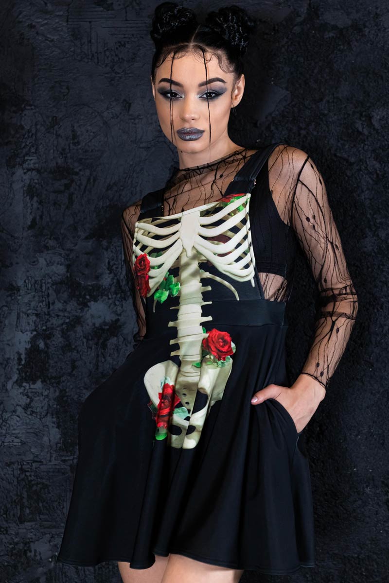 Skeleton & Roses Pinafore Dress Close View