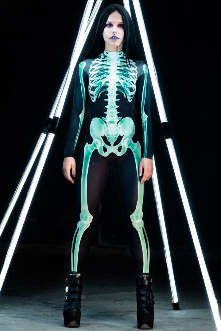 Glow in the Dark Green Skeleton Costume for Halloween Devil Walking