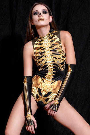 Rave Outfit Golden Skeleton Sleeveless Bodysuit Front View