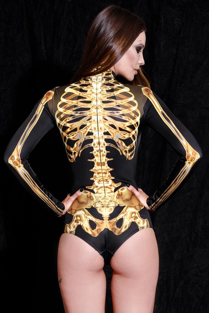 Golden Skeleton Long Sleeve Bodysuit Back View
