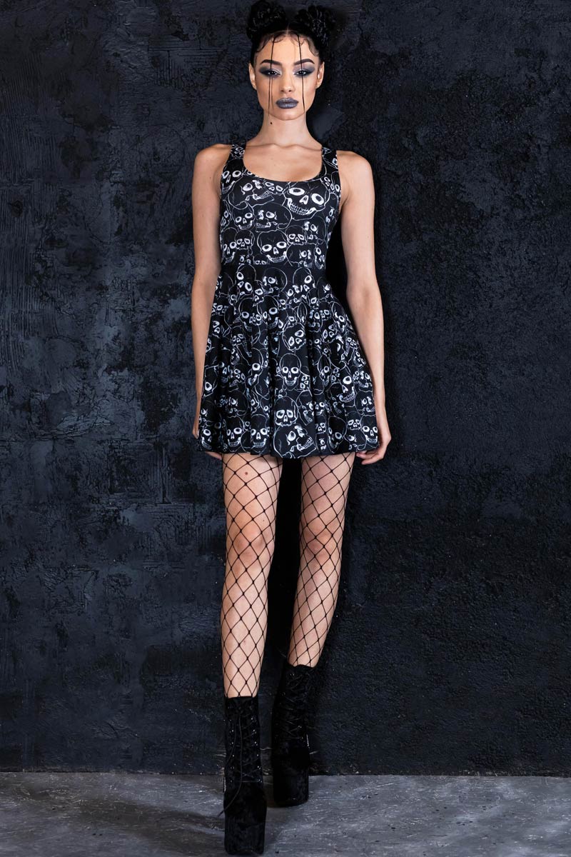 Skullyard Black Skater Dress with Skulls for Halloween