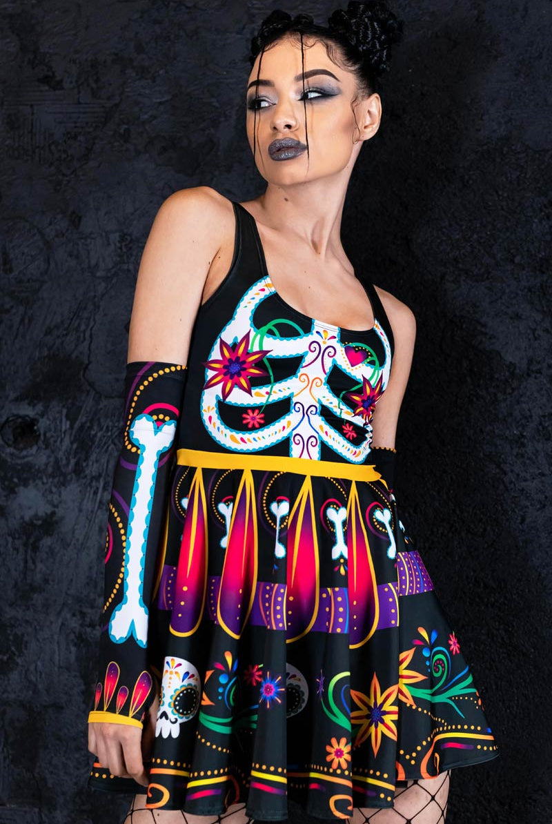 Sugar Skeleton Skater Dress, Day of the Dead Dress, Mexican Dress With Bones And Flowers, Skeleton Dress for Halloween, Day of the Dead Outfit Women, Sugar Skeleton Skater Dress, Day of the Dead Dress, Mexican Dress With Bones And Flowers, Skeleton Dress for Halloween, Day of the Dead Outfit Women,