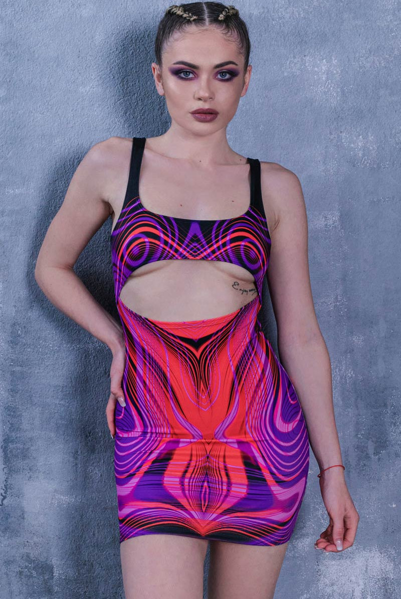 Techno Diva Cut Out Mini Party Dress in Purple & Red
