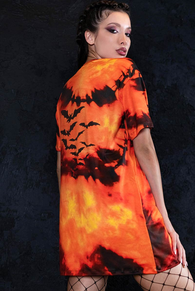 open lace back dress Tie Dye Pumpkin Oversized Women T-Shirt for Halloween