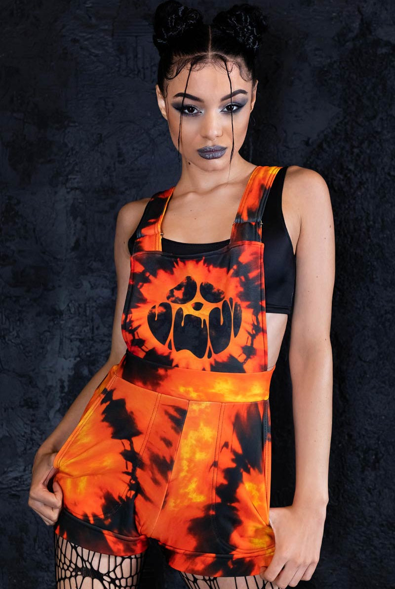 Tie Dye Pumpkin Shortalls Close View