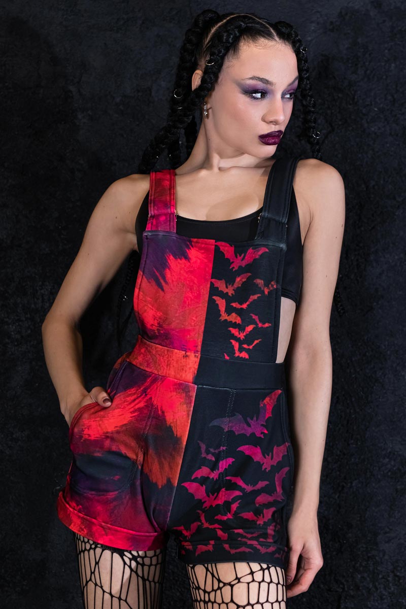 Twilight Bats Goth Shortalls in Black and Red | Devil Walking