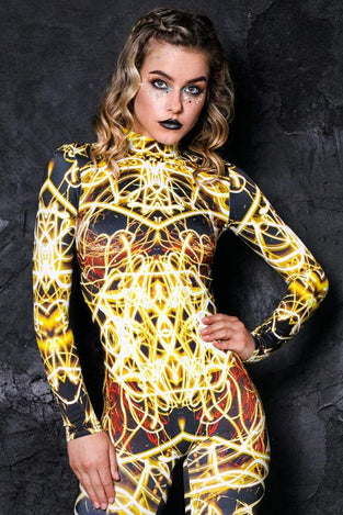 Rave Outfit Yellow Neon Catsuit Front View